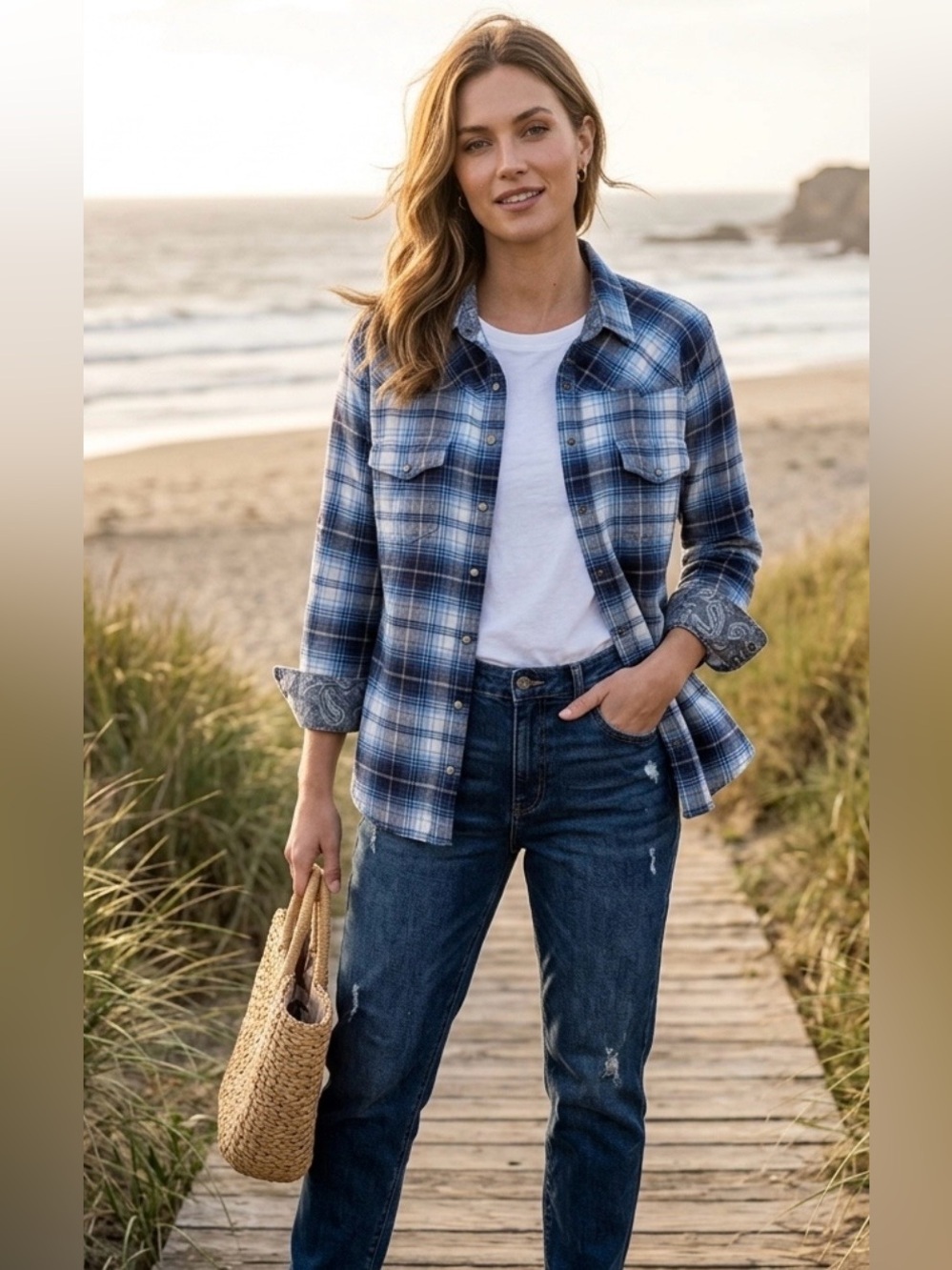 JACHS Girlfriend Blue and White Plaid Women's Button-Up Shirt